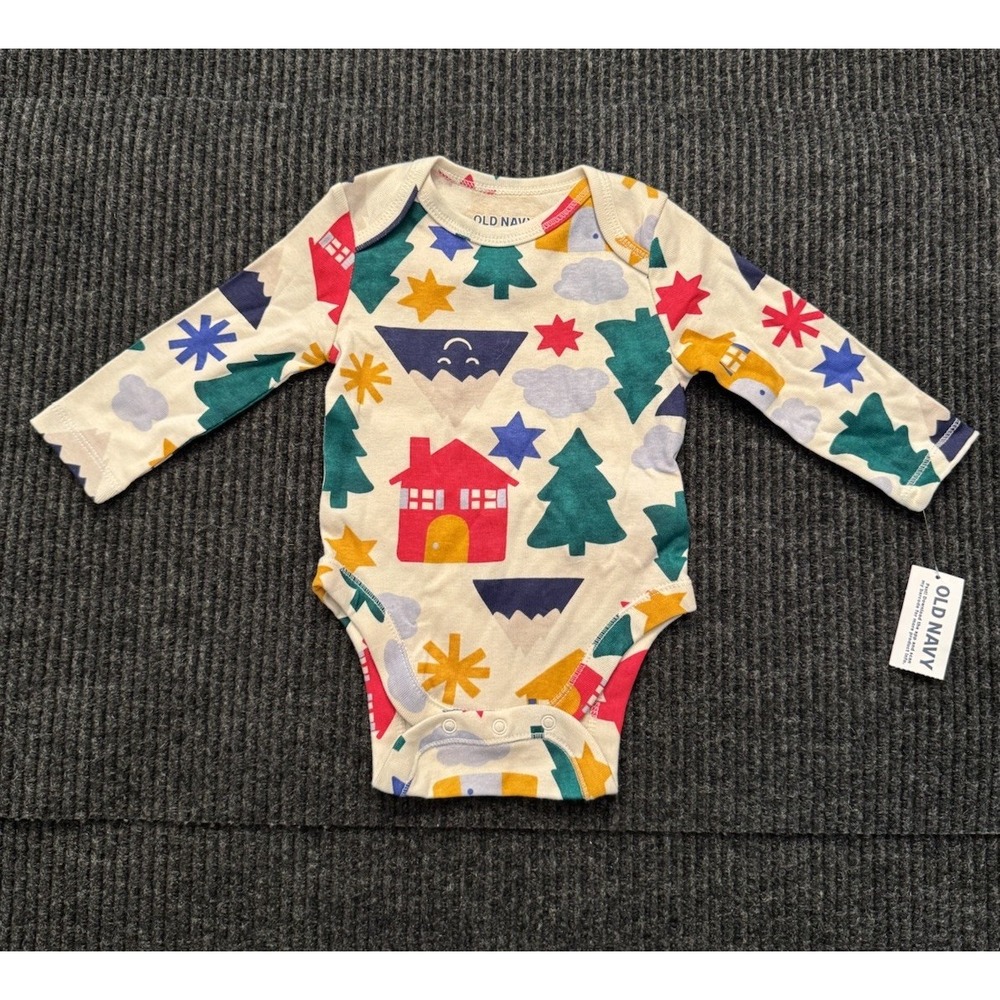 Old Navy Baby Bodysuit NWT 0-3M Long Sleeve Holiday Winter Cabin Tree Stars
